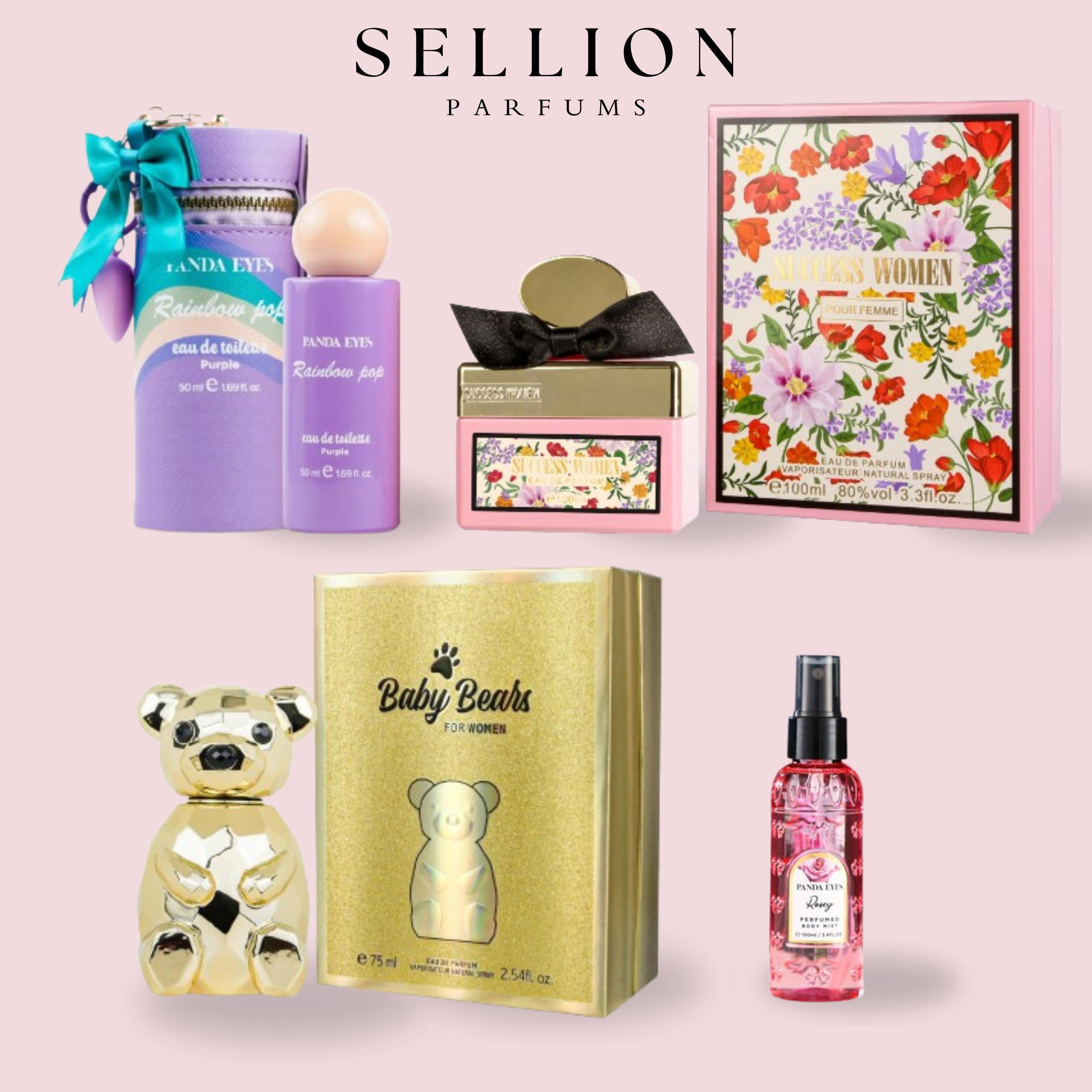 SELLION Parfum Rainbow Pop Purple, Success Women Pink, Baby Bears Gold, Rosey Bodymist EDP 100ML - Women Perfume 4IN1 Combo Set
