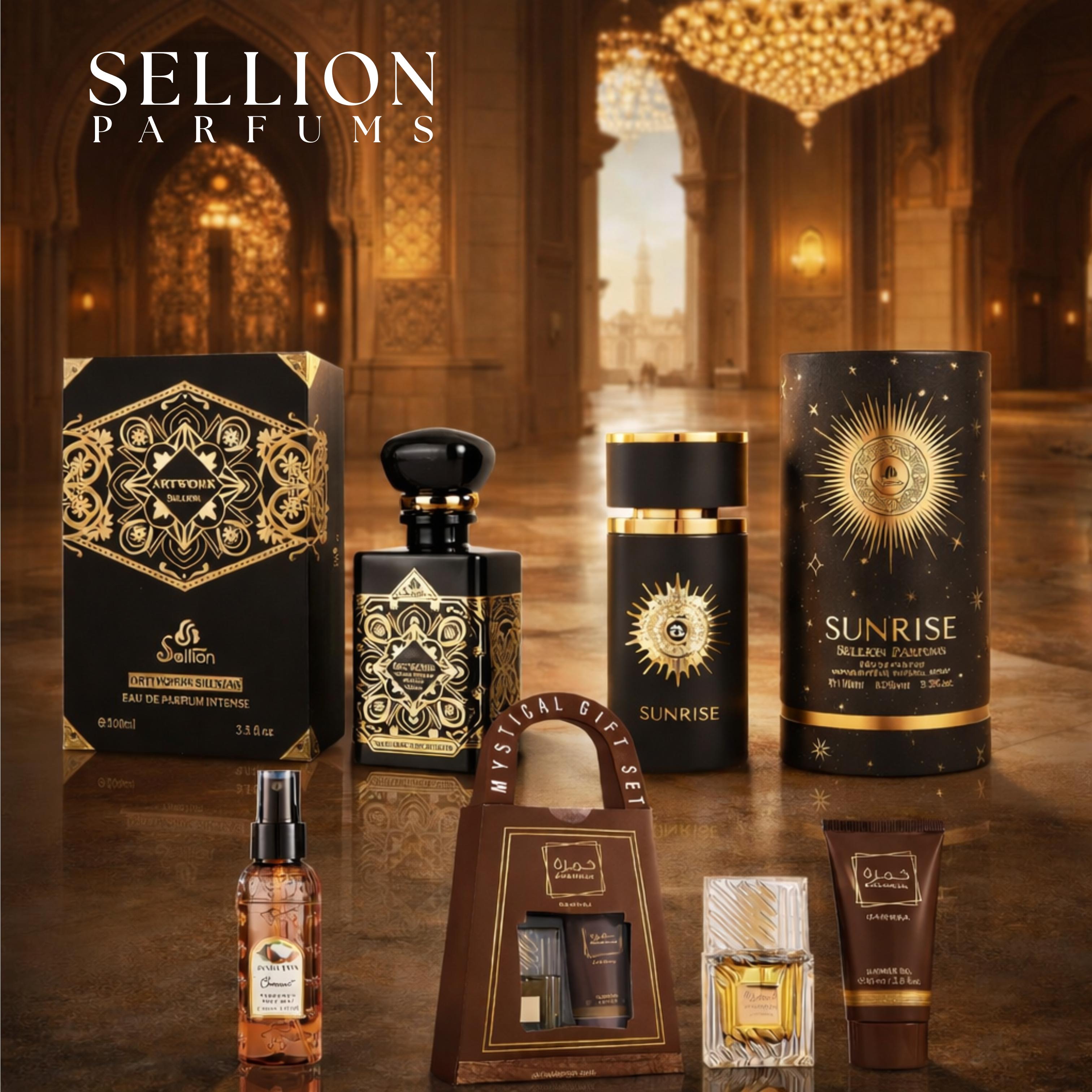 SELLION Parfum Artwork Black, Sunrise Black, Qaawah (30ML), Coconut Bodymist EDP 100ML - Men Perfume 4IN1 Combo Set