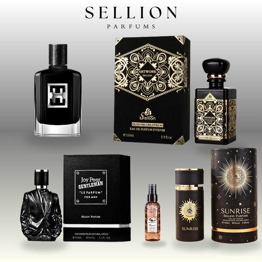 SELLION Parfum Man In Black, Luxury Velvet Black, Joypeer Gentleman Black, Sunrise Black, Coconut Bodymist EDP 100ML - Men Perfume 5IN1 Combo Set