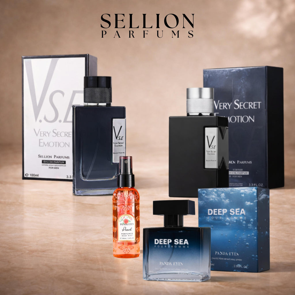 SELLION Parfum Very Secret Emotion (V.S.E) Gradient Black, Intense Black, Deep sea, Peach Bodymist EDP 100ML - Men Perfume 4IN1 Combo Set