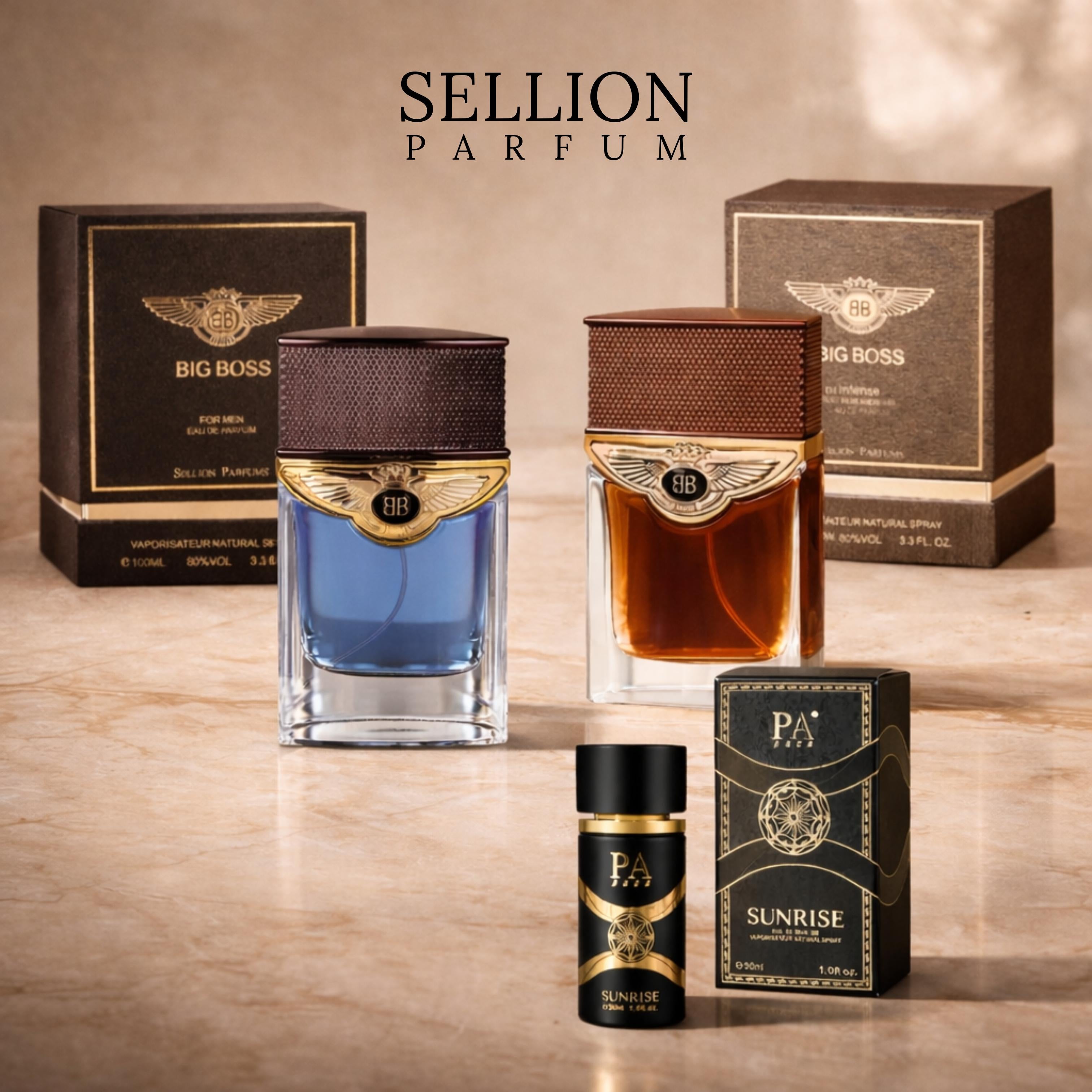 SELLION Parfum Big Boss Brown, Big Boss Blue, Mini Sunrise Black(30ML) EDP 100ML - Men Perfume 3IN1 Combo Set