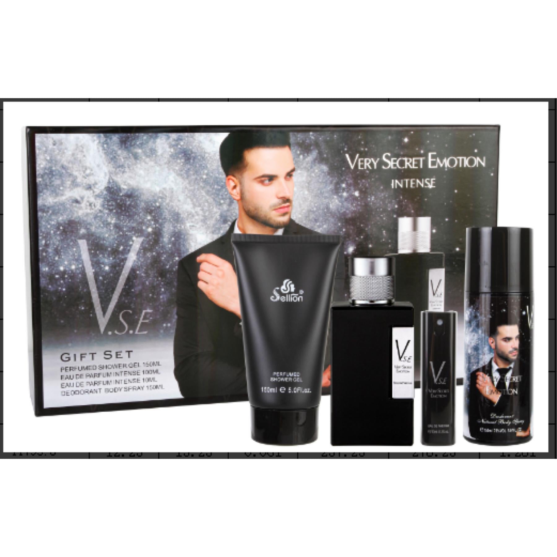SELLION Parfum Very Secret Emotion (V.S.E.) Intense Black EDP 100ML - Men Perfume 4IN1 Gift Set