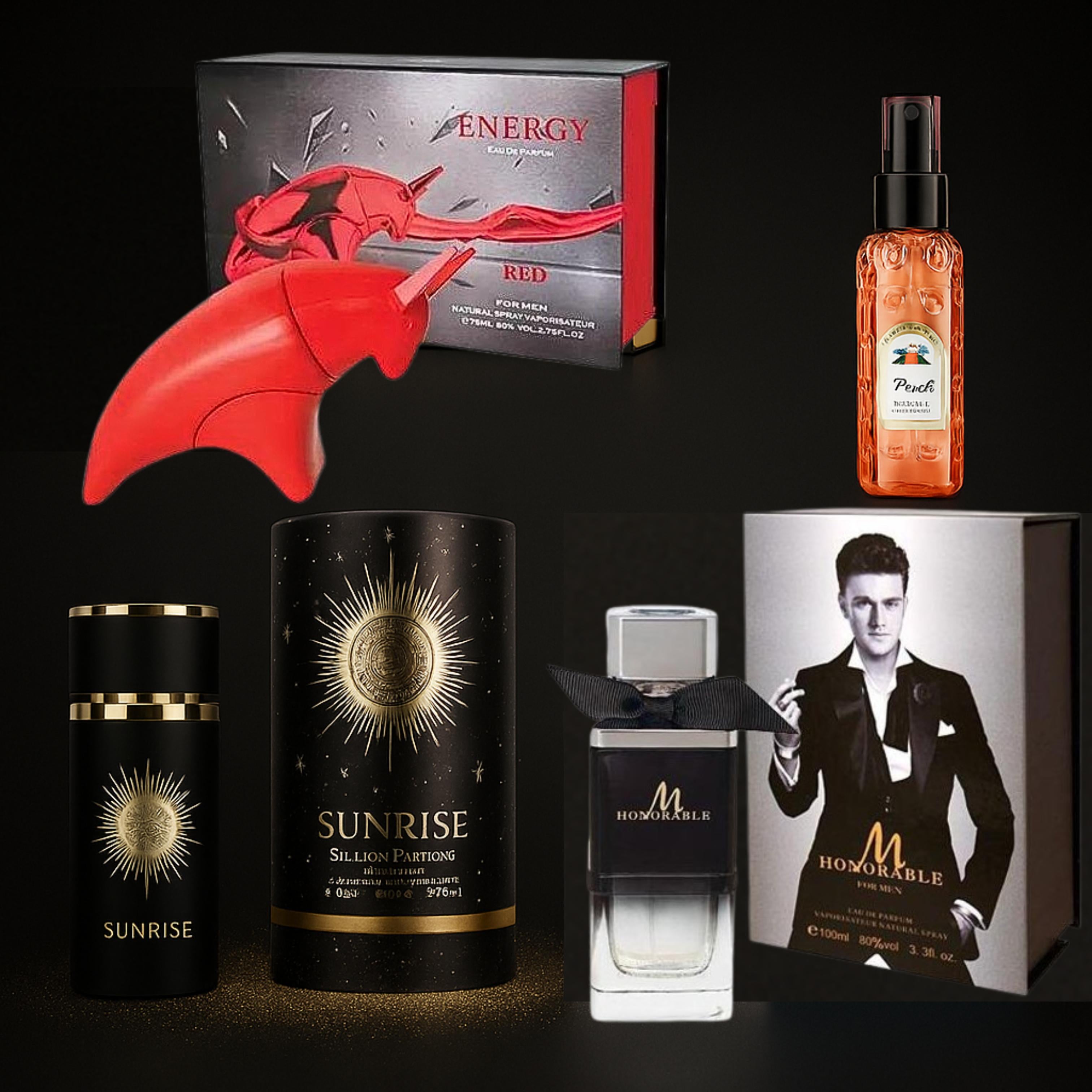 SELLION Parfum Sunrise Black, M Honorable, Energy Red, Peach Bodymist EDP 100ML - Men Perfume 4IN1 Combo Set